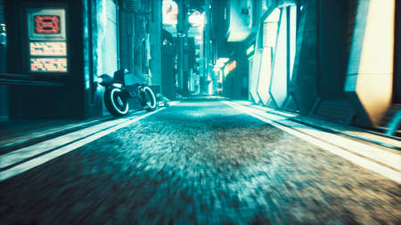 Deserted neon foggy street of the cybercity with dark lonely buildings. View of an future fiction city. 3D Rendering.の写真素材