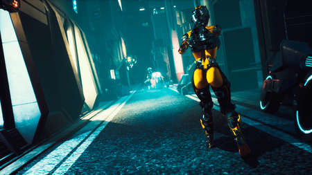 Cyber soldier walks through the dark streets of the cyber city of the future. View of an future fiction city. 3D Rendering.の写真素材