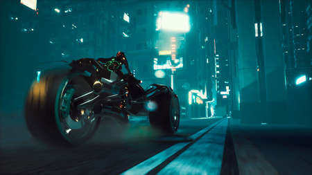 Cyborg rides a huge speed on the motorcycle of the future through the neon streets of the night cyber city. A view of the neon sci-fi city. 3D Rendering.の写真素材