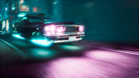 A flying car rushes at high speed along the night street of a futuristic city. View of an future city. 3D Rendering.の写真素材