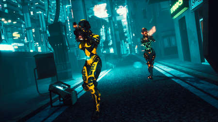 Cyber soldier walks through the dark streets of the cyber city of the future. View of an future...