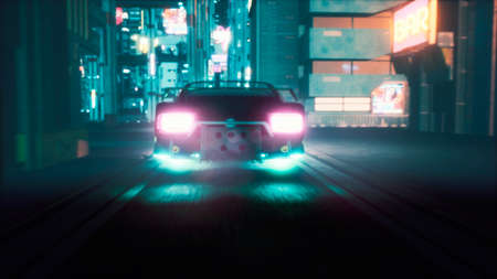 The flying car of the future rushes through the neon street of the cyber city. View of an future city. 3D Rendering.の写真素材