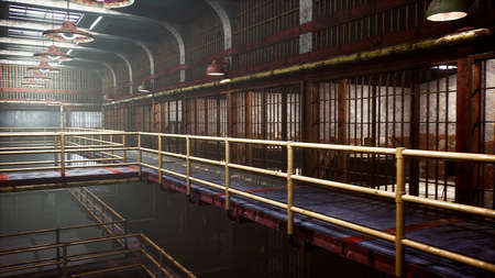 A dirty deserted prison with closed cells. View of the old empty prison. 3D Rendering.の写真素材