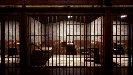 An old prison with empty closed cells. View of an ancient prison. 3D Rendering.の写真素材