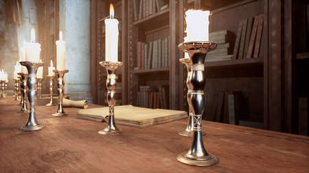 Candles on the table of an alchemist in a medieval ancient castle. 3D Rendering.の写真素材