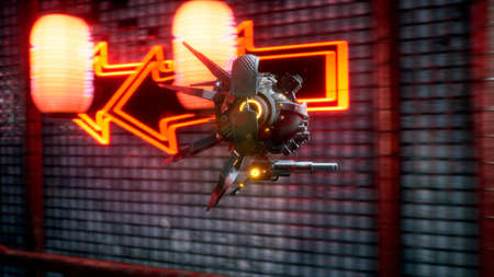 Military cyber drone patrols the streets of the city of the future. View of an deserted cyber neon street. 3D Rendering.の写真素材