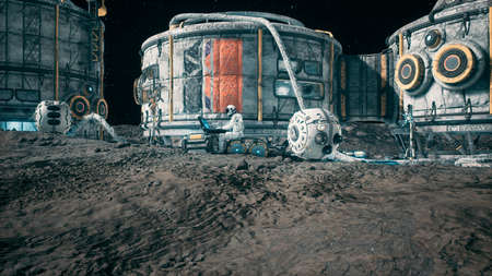 A view of the surface of an alien planet, a space colony or a lunar base with spaceships standing nearby. 3D Rendering.の写真素材