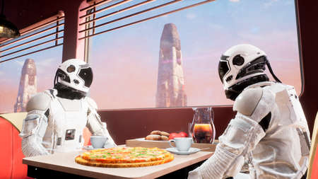 On a distant red planet, astronauts have lunch at a local eatery. 3D Rendering.の写真素材