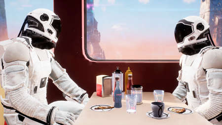 On a distant red planet, astronauts have lunch at a local eatery. 3D Rendering.