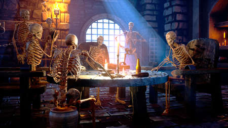 Ancient skeletons in a medieval castle are having fun. Mystical nightmare concept. 3D Rendering.の写真素材