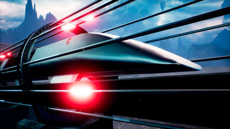 The train of the future rushes at high speed over a deserted alien planet. 3D Rendering.の写真素材