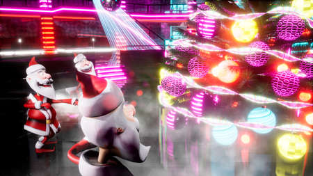 Cheerful Santa Clauses dance a fiery dance around the New Year tree at the night disco. 3D Rendering.の写真素材