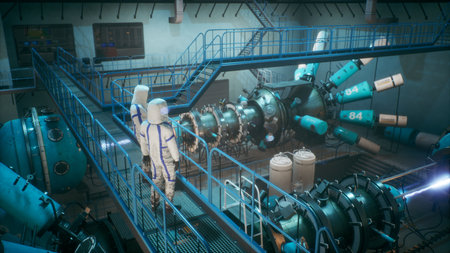 Scientists watch the work of a time machine or a futuristic thermonuclear reactor. A physicist controls a time machine. 3D Rendering.の写真素材