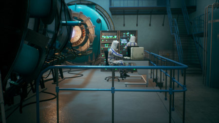 Scientists watch the work of a time machine or a futuristic thermonuclear reactor. A physicist controls a time machine. 3D Rendering.の写真素材
