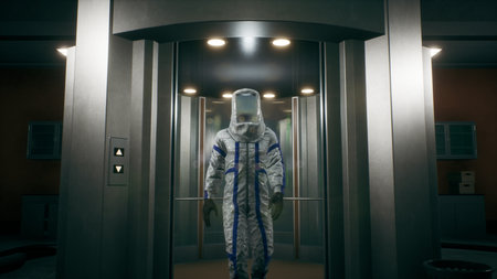 The physicist leaves the elevator and walks down the corridor into the room with the fusion reactor. 3D Rendering.の写真素材