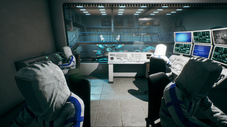 A Sci-Fi laboratory with a control room for a time machine or a thermonuclear reactor. A physicist...