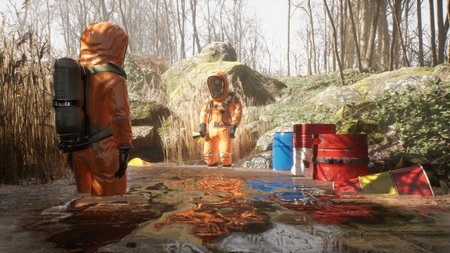 Professional environmentalists in protective suits and gas masks take water samples from a toxic swamp. The concept of ecology. 3D Rendering.の写真素材