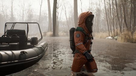 An ecologist in a special suit arrived on his inflatable boat to the site of pollution of the reservoir to assess the degree of pollution. 3D Rendering.の写真素材