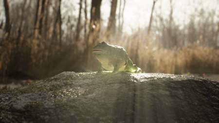 Early morning in the autumn forest. The suns rays make their way through the trees and illuminate a small lake with old stones. The image is for nature, the animals backgrounds. 3D Rendering.の写真素材
