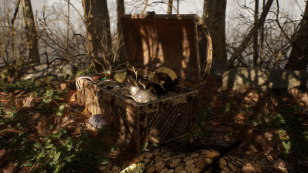 An ancient chest with treasures and gold coins stands in the forest, and medieval knights ride past. 3D Rendering.の写真素材