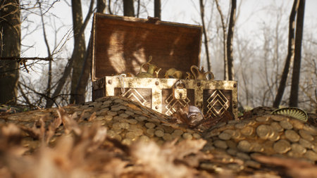 An ancient chest with treasures and gold coins stands in the forest, and medieval knights ride past. 3D Rendering.の写真素材