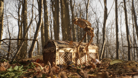 A creepy skeleton in a summer sunny forest opens an ancient chest with gold coins and treasures. Mystical nightmare concept. The image is for fantasy, mystical or historical backgrounds. 3D Rendering.の写真素材