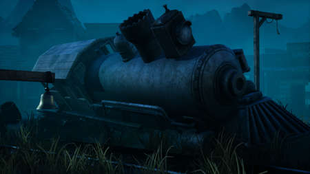 An abandoned and destroyed old train lies in the middle of an ancient deserted city. The image for...