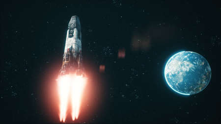 The rocket lands on the moon near the lunar space colony. The space rocket spews fire exhaust and...