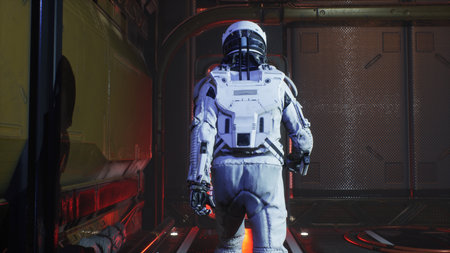 The astronaut leave the control room and walk along the corridor of the interstellar spacecraft. The...