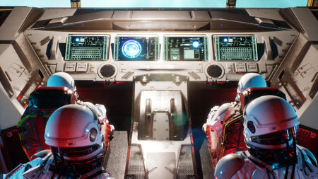 Space travelers-astronauts fly through the space portal in their interstellar spacecraft. The image...