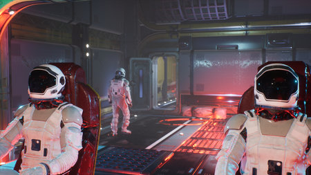 Astronauts travel in space in their interstellar spacecraft. The image is for fantastic, the...