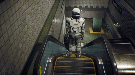 An astronaut with a laptop in the subway hurries to his spaceship. The image is for fantastic, the...