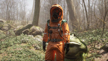 A terrible huge frog grown on pesticides attacks a defenseless biologist studying the forest. Attack of a terrible mutant. 3D Rendering.の写真素材