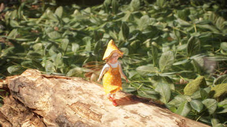 A cute little elf is resting and walking in the summer sunny green forest. Fairy elven magic concept. View of a fairy elf in a forest. 3D Rendering.の写真素材