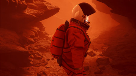 Astronaut researcher walks through a sandstorm on the planet Mars. The man was created using 3D...