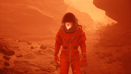 Astronaut researcher walks through a sandstorm on the planet Mars. The man was created using 3D...