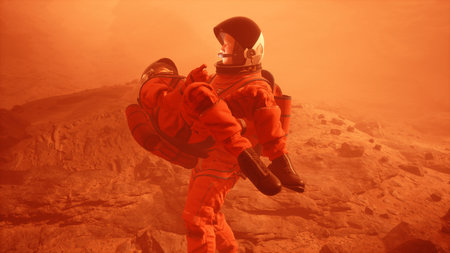 An astronaut on Mars carries a wounded astronaut during a violent dust storm. The man was created...