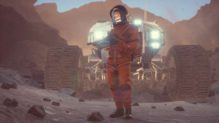 An astronaut is working at a computer next to his rover on an alien, unexplored desert planet. 3D Renderingの写真素材