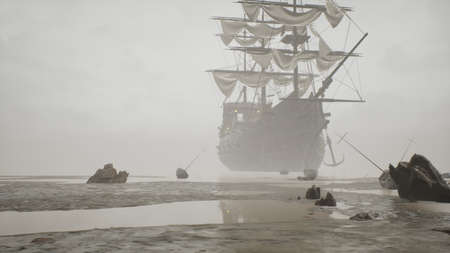 A medieval ship docked near a misty shore. The concept of maritime adventure in the Middle Ages. The...