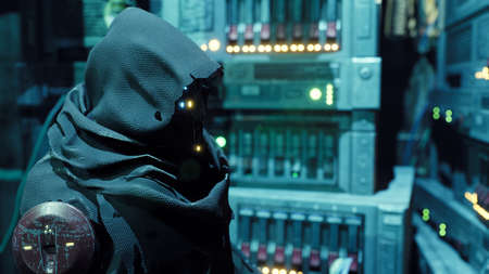 A cyber man in a cassock is working on a computer in his high-tech laboratory. image for futuristic,...