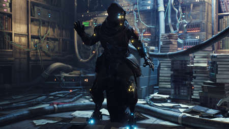 Cyber Monk practices cyber magic in his high-tech and futuristic laboratory. image for futuristic, fiction, cyber and sci-fi backgrounds. A view of a cyborg in laboratory. 3D renderingの写真素材