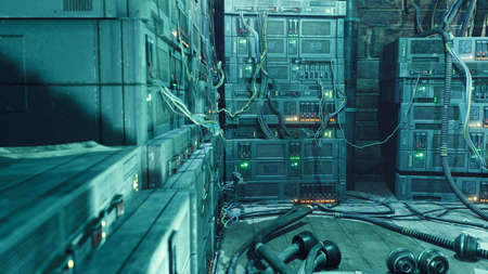 Corridor of an old ancient building used for a modern cyber laboratory. The image for futuristic,...