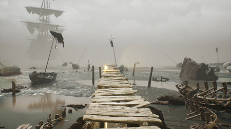 A deserted misty island with abandoned old ships. The concept of maritime adventure in the Middle Ages. 3D Rendering.の写真素材
