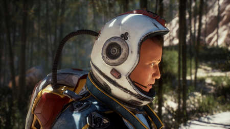 An astronaut explorer admires the red moon of an uncharted green planet. The concept of discovering...