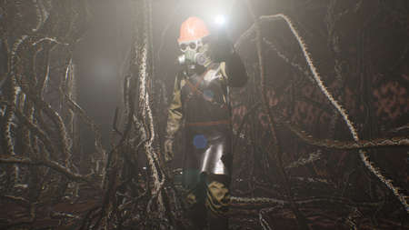 A biologist in a protective special suit walks through a cave with creepy alien creatures. The concept of invading nightmare monsters. The image is perfect for sci-fi backgrounds. 3D Renderingの写真素材