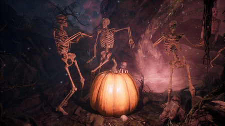 Scary dark mysterious forest with glowing pumpkins. Halloween horror concept. The Halloween...