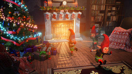Jolly magical elves dancing on Christmas Day in the house of Santa Claus. Christmas and New Years Eve atmosphere concept. The image is ideal for Christmas and New Years Eve backgrounds. 3D Renderingの写真素材