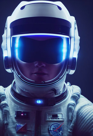 A fictional person, not based on a real person. Portrait of an fictional astronaut in a spacesuit. High-tech astronaut from the future. The concept of space travel. 3D renderingの写真素材