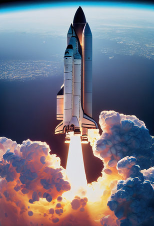 Space rocket takes off into the sky. Spaceship flies to search for new planets. The concept of...