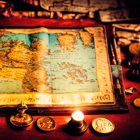 An ancient pirate map in the cabin of a pirate ship. Image of an ancient ancient pirate map. An...